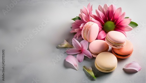 macarons and pink flowers on the grey background with copy space for text.