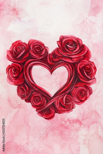 Wallpaper Mural A pair of intertwined hearts made of vibrant red roses, set against a soft pink watercolor background Torontodigital.ca