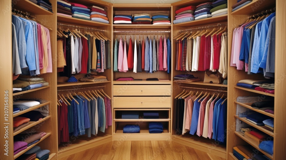 A corner wardrobe unit with open shelving and a mix of folded and hanging clothes. A corner wardrobe unit with open shelving and a mix of folded and hanging clothes.