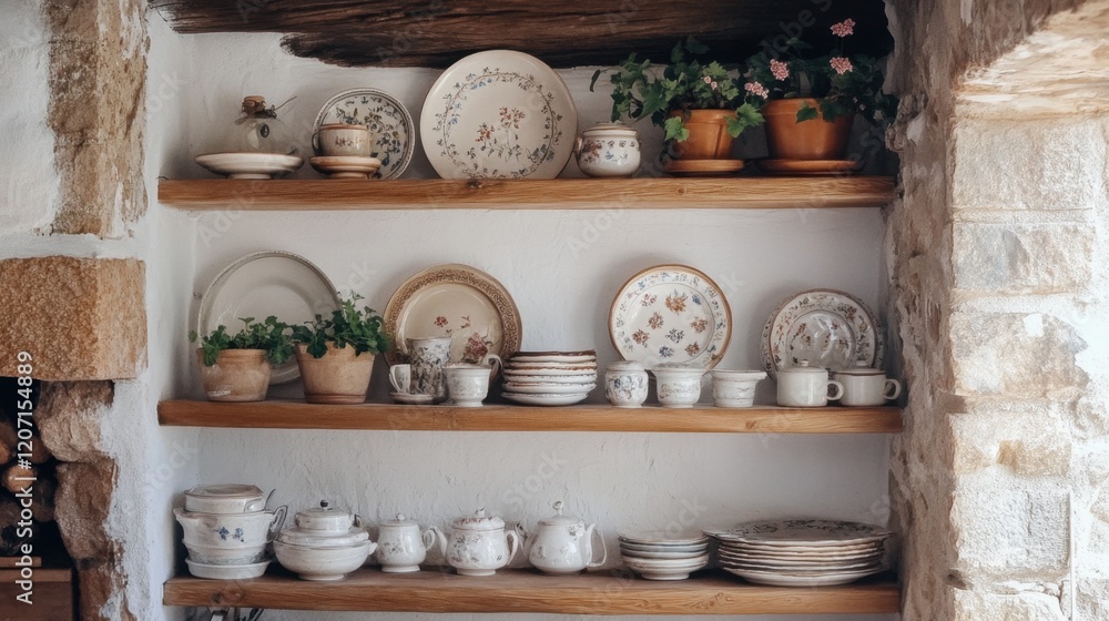 A cozy corner with wooden shelves featuring hand-painted plates and small decorative vases. A cozy corner with wooden shelves featuring hand-painted plates and small decorative vases.