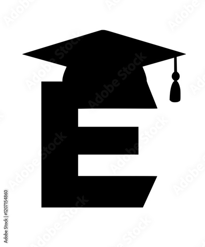 Letter E with graduation cap icon, Black and white graphic of the letter E wearing a graduation cap, symbolizing education, academic achievement, learning, and scholarly success.  
  
