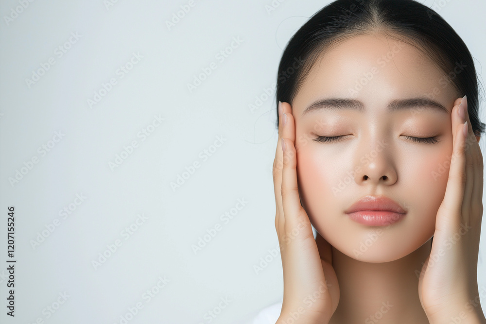 beautiful young Thai woman with perfect sking smiling touching face isolated on white background, cosmetics advertise concept beautiful young Thai woman with perfect sking smiling touching face isolated on white background, cosmetics advertise concept