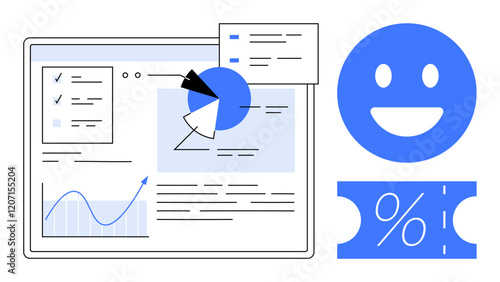 Data dashboard with multiple charts, graphs, happy face emoticon, and discount voucher icon. Ideal for data analysis, customer satisfaction, business analytics, marketing strategies, promotional