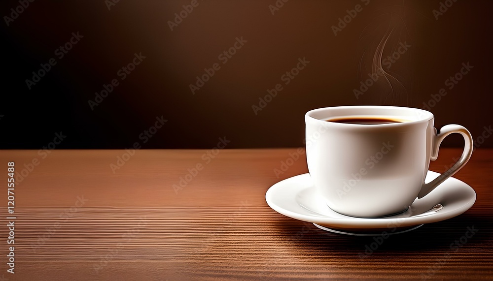 A hot cup of coffee on a wooden table on a brown background with copy space for text. A hot cup of coffee on a wooden table on a brown background with copy space for text.