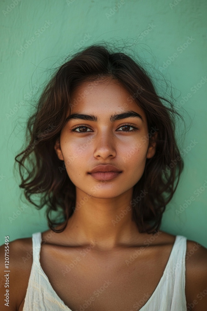 A portrait of a young indian woman with beautiful eyes, standing in front of a soft pastel green wall. A portrait of a young indian woman with beautiful eyes, standing in front of a soft pastel green wall.