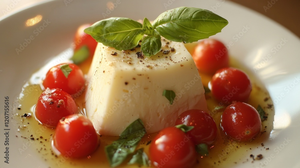 Ripe cherry tomatoes encircle a wedge of creamy cheese topped with fragrant basil. Ideal for foodies and culinary demonstrations, offering a taste of Italian food Ripe cherry tomatoes encircle a wedge of creamy cheese topped with fragrant basil. Ideal for foodies and culinary demonstrations, offering a taste of Italian food