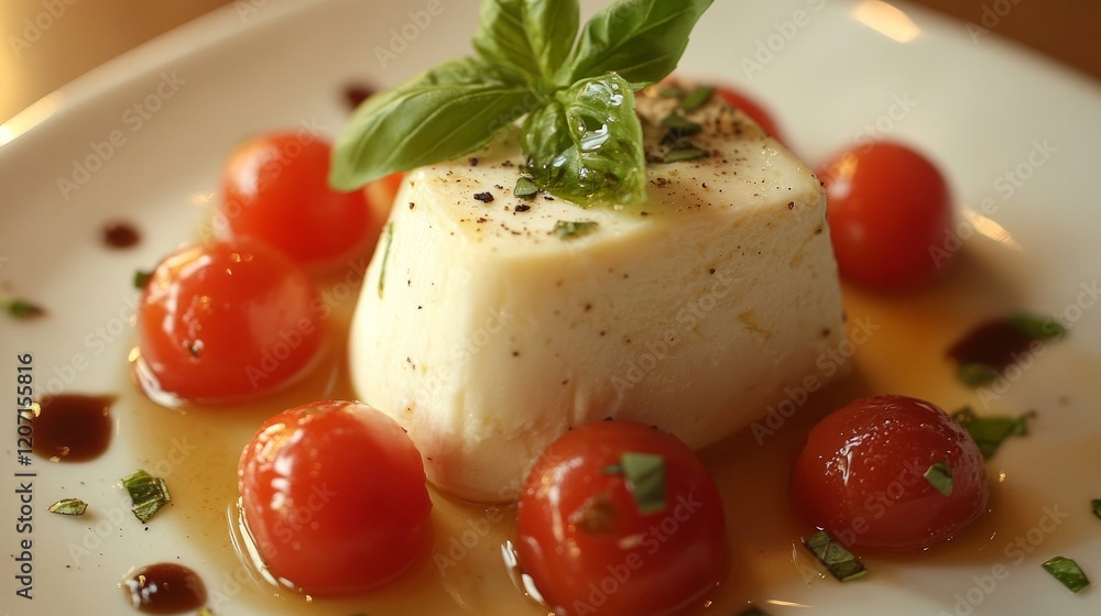 Ripe cherry tomatoes encircle a wedge of creamy cheese topped with fragrant basil. Ideal for foodies and culinary demonstrations, offering a taste of Italian food Ripe cherry tomatoes encircle a wedge of creamy cheese topped with fragrant basil. Ideal for foodies and culinary demonstrations, offering a taste of Italian food