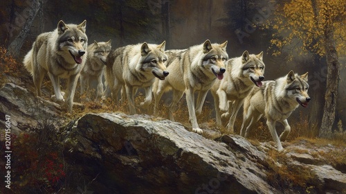 timber wolves crossing a rocky ridge, their collective strength and unity evident in their stride.