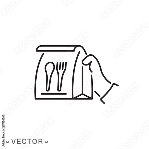 home delivery food icon, courier with paper bag, man holding paper bag with fork and spoon, hand order giving concept, thin line symbol isolated on white background, eps 10 vector illustration