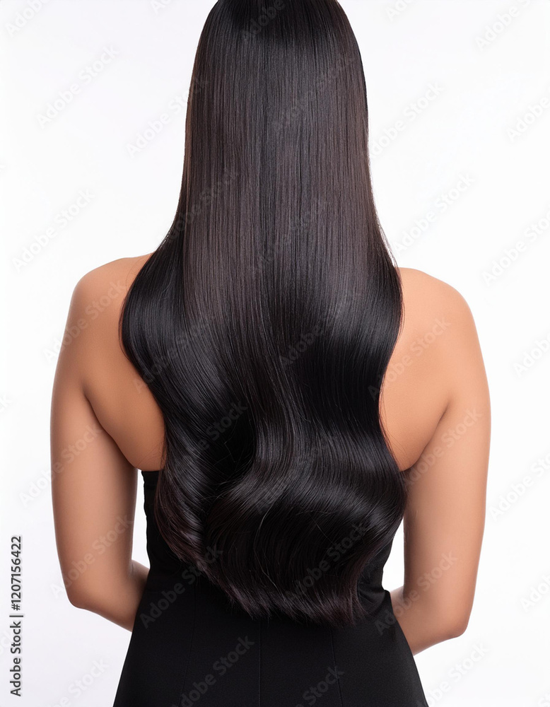 Naklejka premium Una mujer joven de espaldas con melena de pelo negro liso y bien peinado sobre fondo blanco
