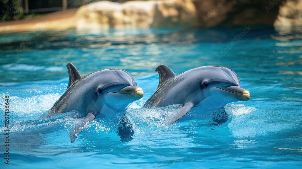 Fototapeta premium pair of dolphins swims side by side, their strong bond evident in their synchronized movements.