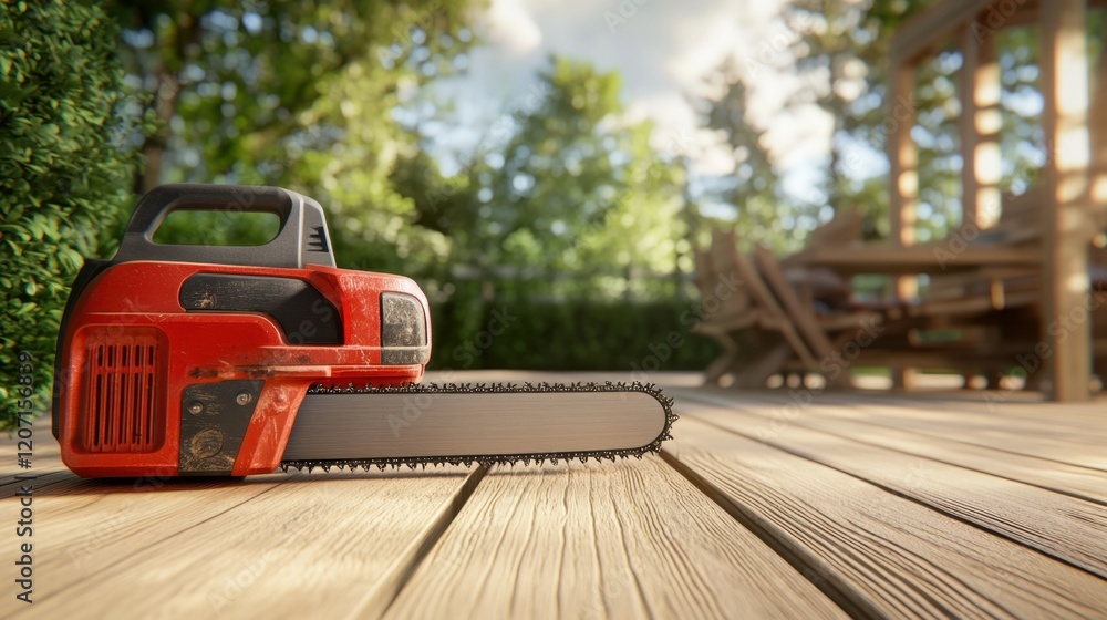 A tabletop chainsaw alongside a stack of polished wooden boards, ready for further processing. A tabletop chainsaw alongside a stack of polished wooden boards, ready for further processing.