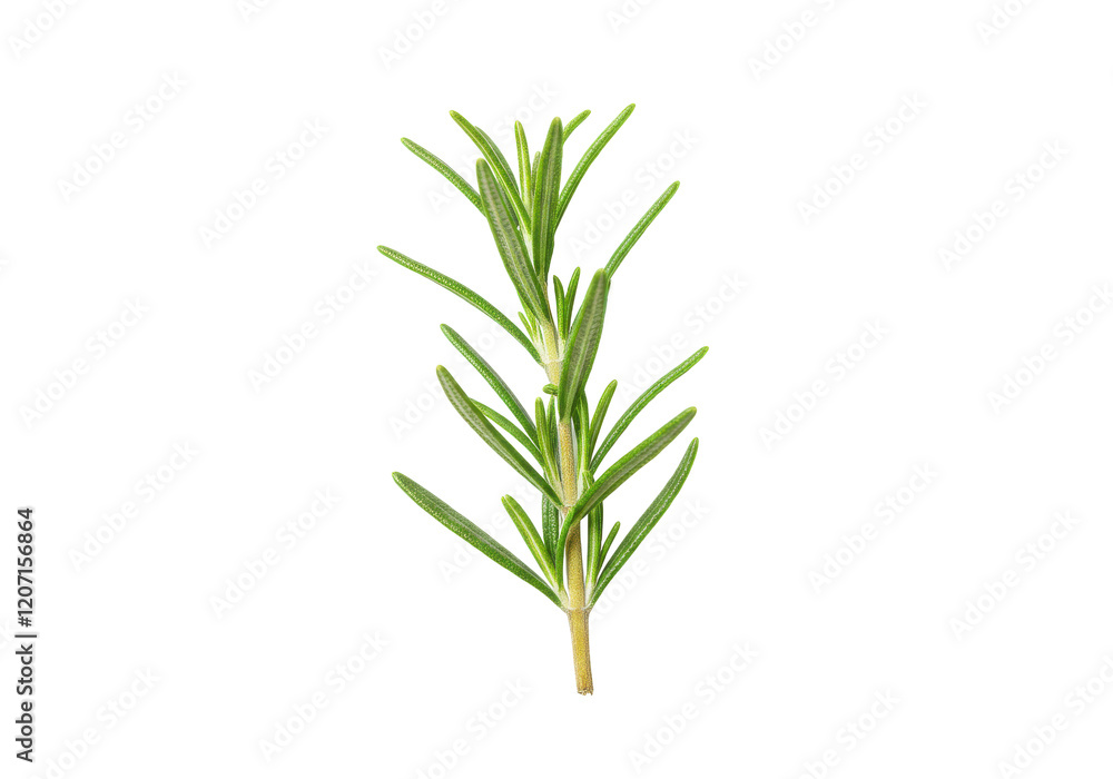 A single fresh sprig of green rosemary with fine needle-like leaves, isolated on a white background