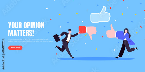 Customer feedback, employee or client satisfaction rating review with good or bad symbols - thumb up and down business concept vector illustration. Positive and negative feedback and evaluation