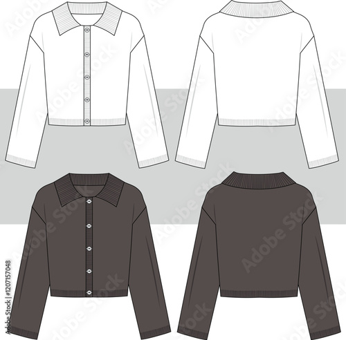 Women's Cardigan technical fashion illustration. Sweater fashion flat technical drawing template, polo collar, wide sleeves, buttons, casual, front and back view, white, women's, unisex CAD mockup