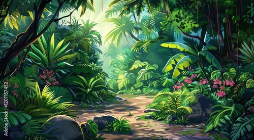 Fototapeta Naklejka Na Ścianę i Meble -  A lush, green jungle path with sunlight breaking through the canopy.