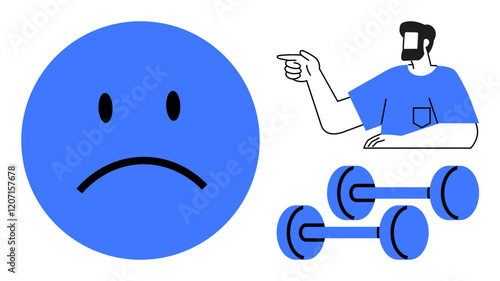 Sad blue face, person pointing in blue shirt, two dumbbells. Ideal for emotions, motivation, direction, fitness, wellness training decision-making. Combines elements of self-improvement