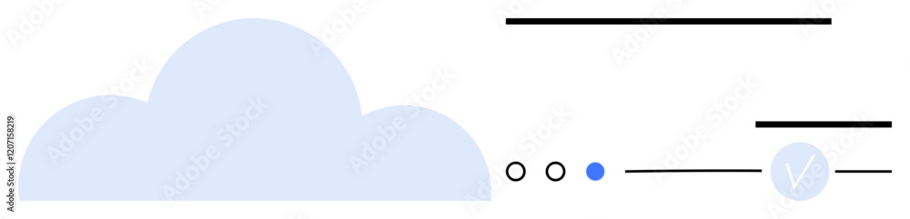 Light blue cloud icon, three horizontal loading bars, three circle indicators including a blue filled circle, and a blue checkmark indicate task completion. Ideal for data storage, progress tracking Light blue cloud icon, three horizontal loading bars, three circle indicators including a blue filled circle, and a blue checkmark indicate task completion. Ideal for data storage, progress tracking