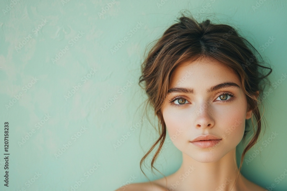 A portrait of a young woman with beautiful eyes, standing in front of a soft pastel green wall. A portrait of a young woman with beautiful eyes, standing in front of a soft pastel green wall.