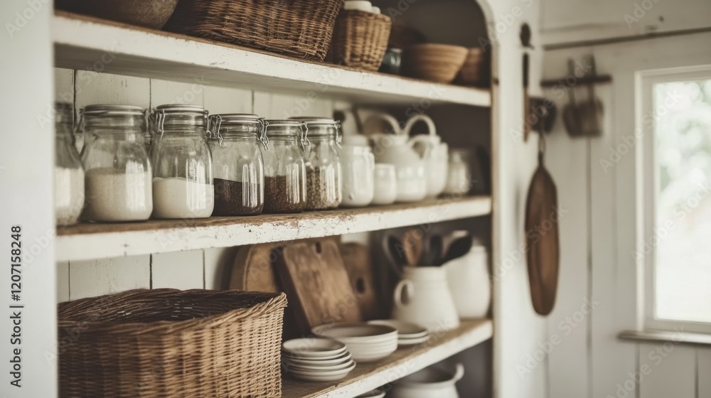 Open shelving in a farmhouse kitchen featuring mason jars, wicker baskets, and vintage decor. Open shelving in a farmhouse kitchen featuring mason jars, wicker baskets, and vintage decor.