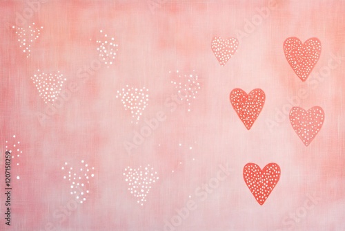 Hand drawn polka dot hearts increasing in size and color saturation create a whimsical valentine's day background on textured pink paper