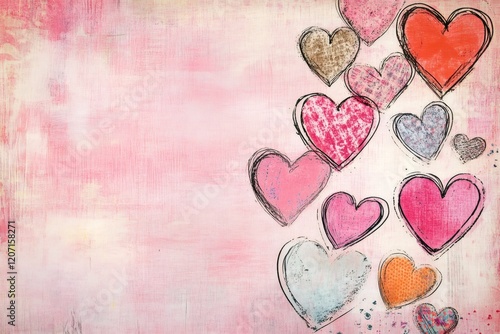 Pink textured background featuring an array of colorful hand drawn hearts, creating a whimsical and romantic valentine's day theme