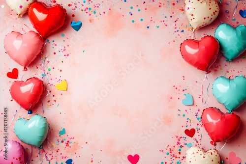 Heart shaped balloons in various colors create a festive frame around a pink background adorned with confetti, perfect for valentine's day projects