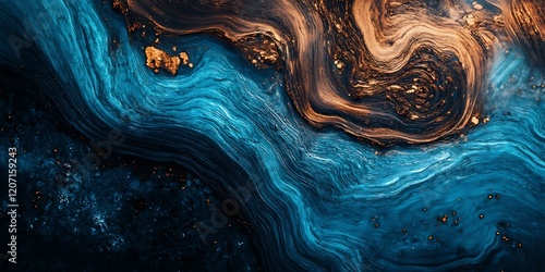 Casting blue epoxy resin burl wood cube on old table art background, Nature wooden.