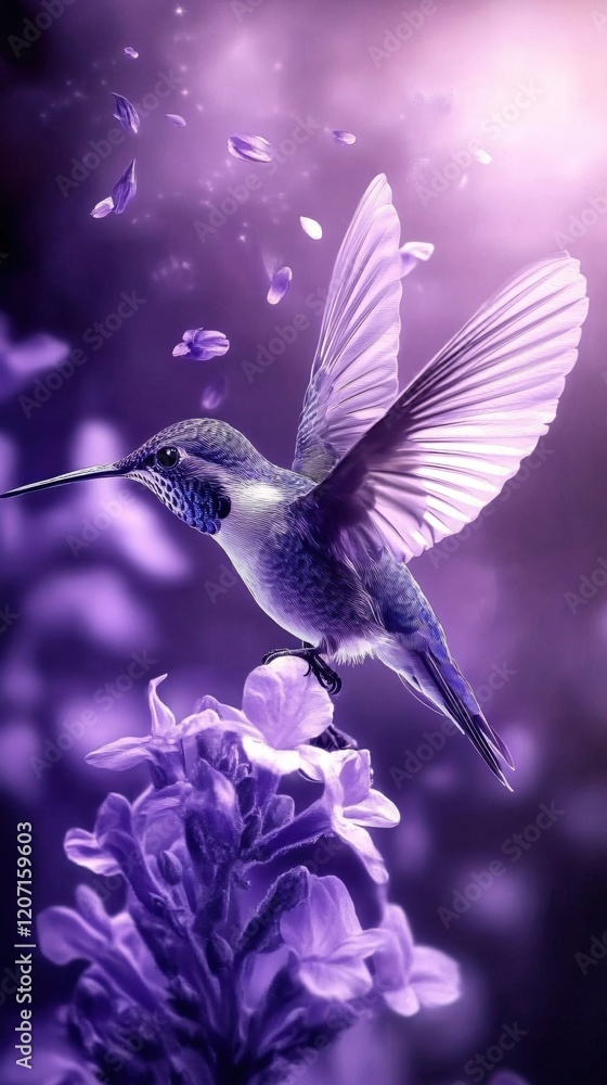 Fototapeta premium Purple Hummingbird in Flight Graceful Wings Lavender Flowers Dreamlike Scene