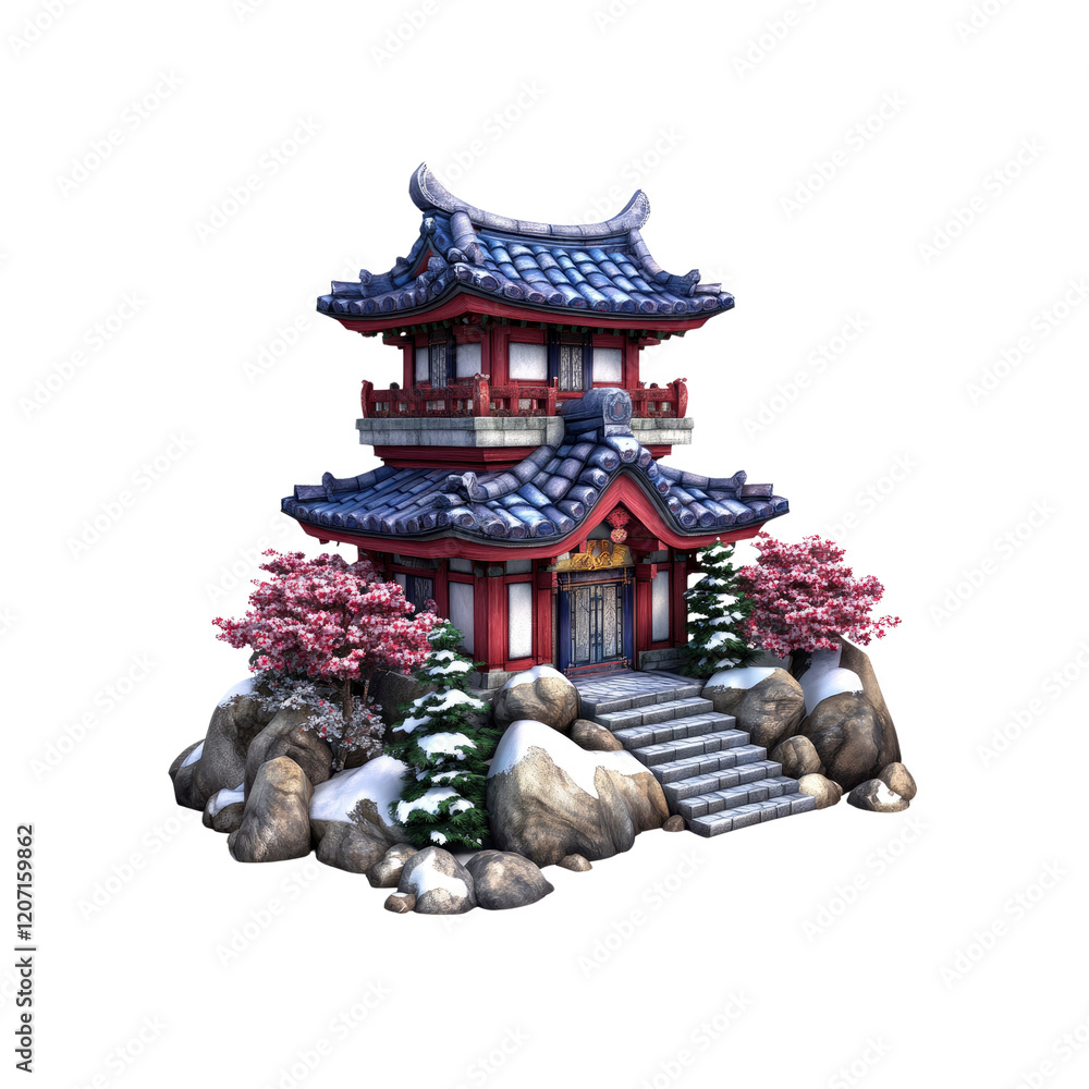 Fototapeta premium Charming Two-Story Japanese Temple in Winter Setting
