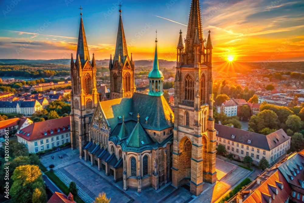 Fototapeta premium Aerial drone photography reveals the majestic Gothic architecture of a cathedral exterior in breathtaking high-resolution detail.