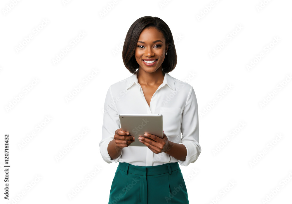 A smiling professional woman holding a tablet, wearing a white blouse and green trousers, isolated on a white background A smiling professional woman holding a tablet, wearing a white blouse and green trousers, isolated on a white background