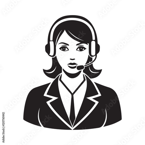 Call center operator woman silhouette, black and white silhouette, vector and illustration