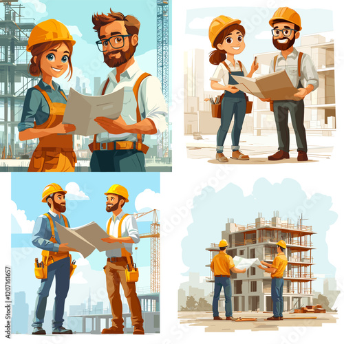 Industrial Development Team Reviewing Construction Plans, Real Estate Development Professionals Inspecting Building Plans