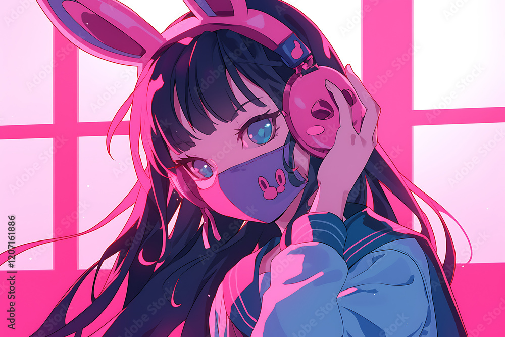 Young girl with bunny ears and headphones in a vibrant room, showcasing a playful and modern vibe