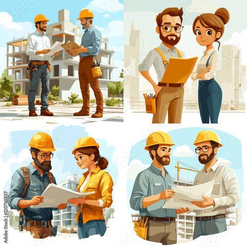 Architects and Engineers Collaborating at a Building Site,  Construction Professionals with Safety Gear at Work