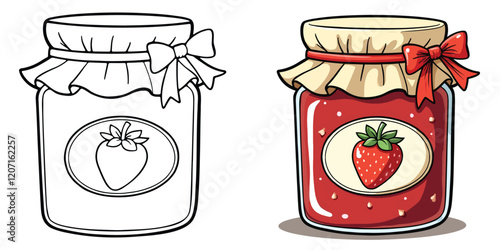 A jar of strawberry jam Line Art Vector Illustration Black and White with Coloring Sample. Bold and Easy Food, Fruits, Sweets, Drinks, Dessert, and Snacks Coloring Pages for Adults and Kids