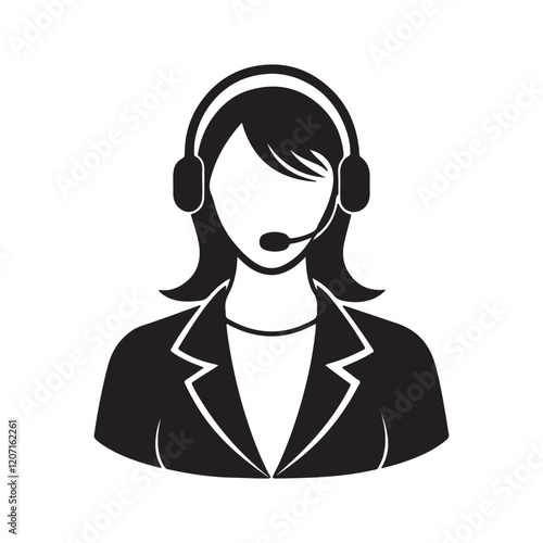 Call center operator woman silhouette, black and white silhouette, vector and illustration