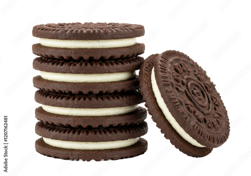 A neat stack of chocolate sandwich cookies with white cream filling, one leaning against the stack, isolated on a white background A neat stack of chocolate sandwich cookies with white cream filling, one leaning against the stack, isolated on a white background