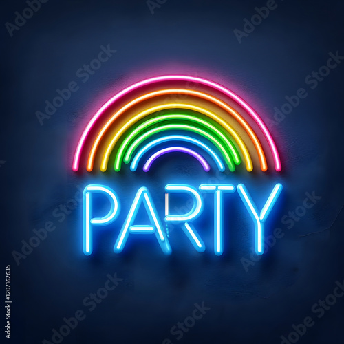 Buntes Neon Schild mit Regenbogendach und dem Text PARTY , Leuchtschild auf blauem Hintergrund , copy space, LGBT Community photo