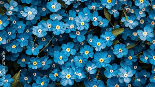 Bunch of blue flowers with yellow centers. The flowers are in a field