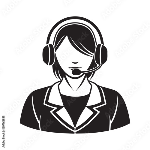 Call center operator woman silhouette, black and white silhouette, vector and illustration