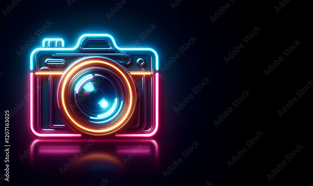 Neon Schild, Kamera , Leuchtschild, auf dunklem Hintergrund Neon Schild, Kamera , Leuchtschild, auf dunklem Hintergrund