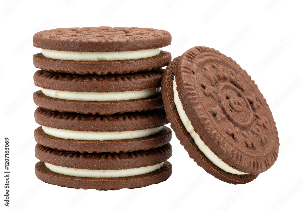 A neat stack of chocolate sandwich cookies with white cream filling, one leaning against the stack, isolated on a white background A neat stack of chocolate sandwich cookies with white cream filling, one leaning against the stack, isolated on a white background