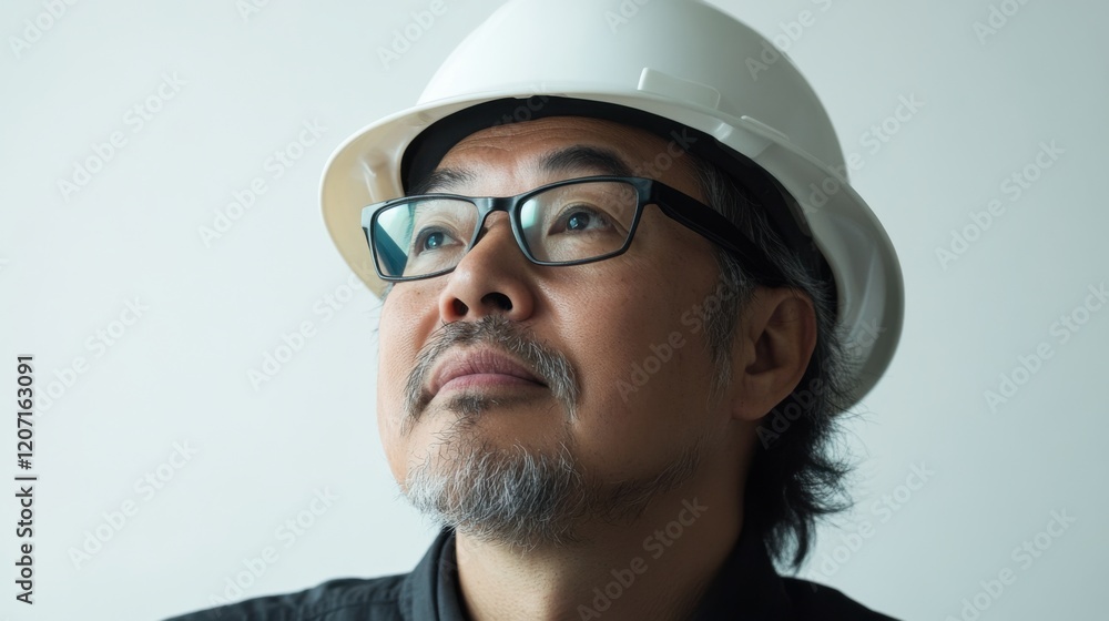 Fototapeta premium A confident business professional wearing a white hard hat, gazing forward with determination, set against a minimalistic white backdrop.
