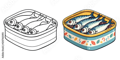 Tin of Sardine Fish Line Art Vector Illustration Black and White with Coloring Sample. Bold and Easy Food, Fruits, Sweets, Drinks, Dessert, and Snacks Coloring Pages for Adults and Kids