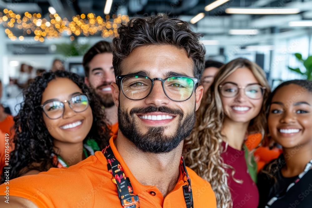 A group of coworkers smile and pose for holiday selfies in a fancy office. Generative AI A group of coworkers smile and pose for holiday selfies in a fancy office. Generative AI