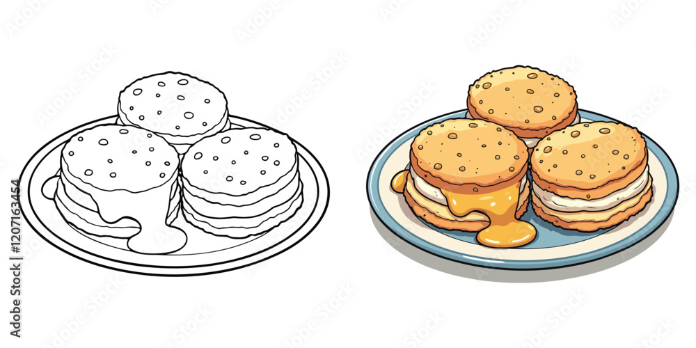 Biscuits and Gravy Line Art Vector Illustration Black and White with Coloring Sample. Bold and Easy Food, Fruits, Sweets, Drinks, Dessert, and Snacks Coloring Pages for Adults and Kids Biscuits and Gravy Line Art Vector Illustration Black and White with Coloring Sample. Bold and Easy Food, Fruits, Sweets, Drinks, Dessert, and Snacks Coloring Pages for Adults and Kids