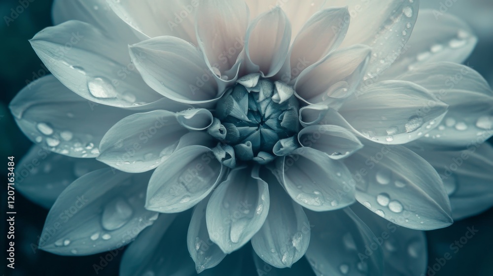 Obraz premium A close-up of a flower with clear water droplets gently resting on its petals, creating a serene, tranquil mood in nature.