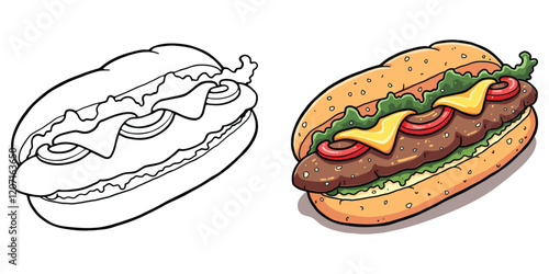 Philly Cheesesteak Line Art Vector Illustration Black and White with Coloring Sample. Bold and Easy Food, Fruits, Sweets, Drinks, Dessert, and Snacks Coloring Pages for Adults and Kids
